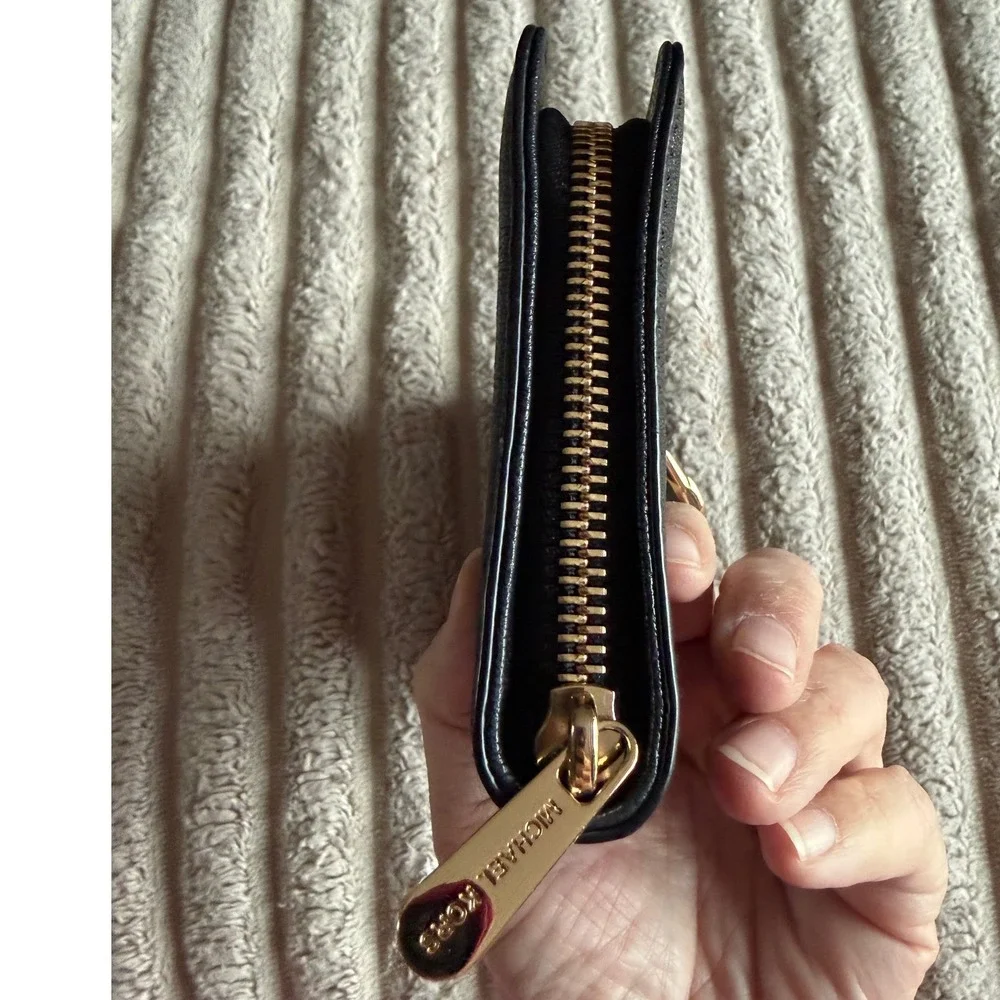 Michael Kors Hamilton Black Pebbled Leather Zip Around Wallet Gold Padlock